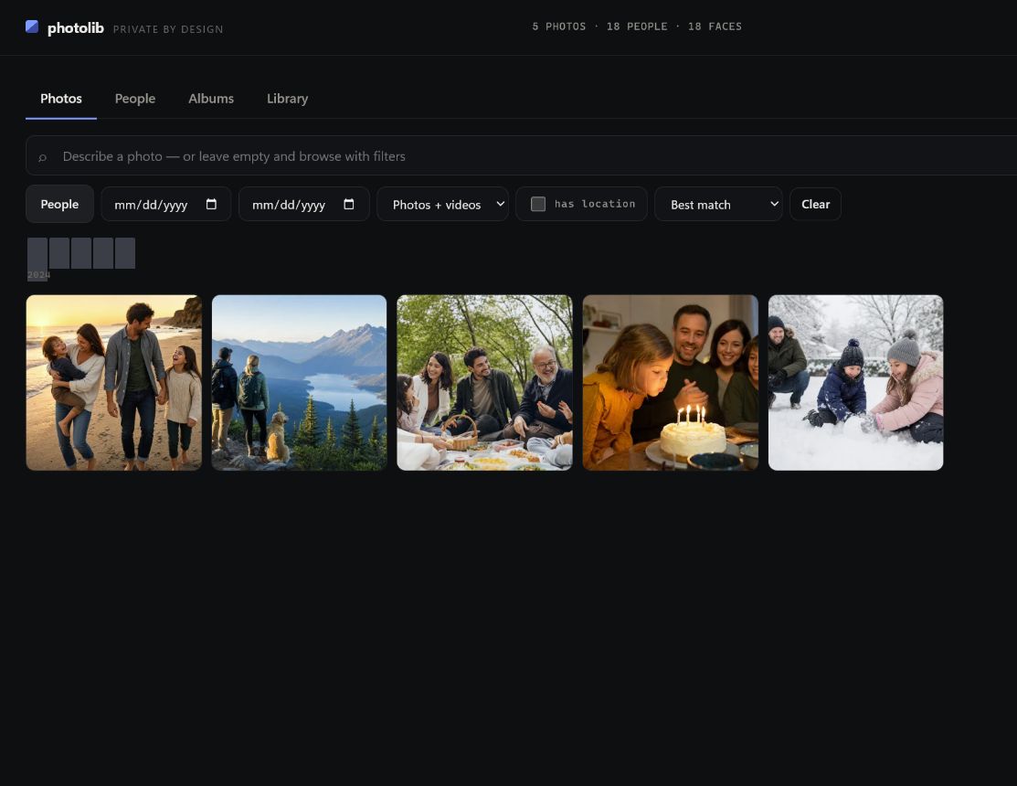 Photolib library view with photo thumbnails, search, and browsing controls