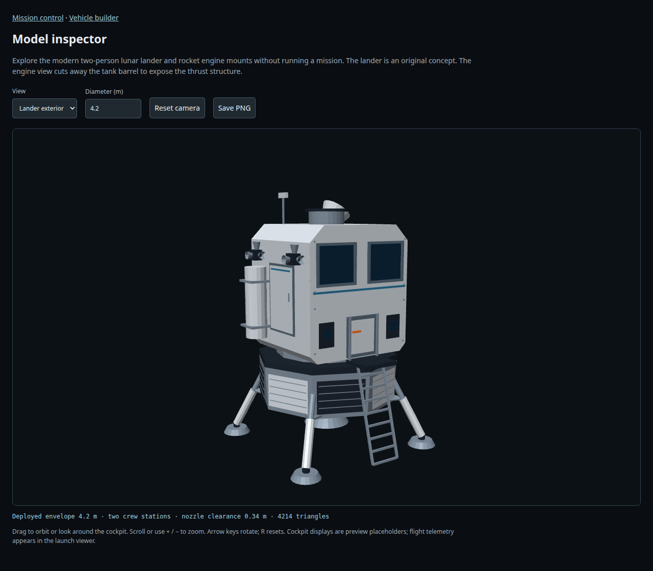 SatelliteSim model inspector showing a two-person lunar lander